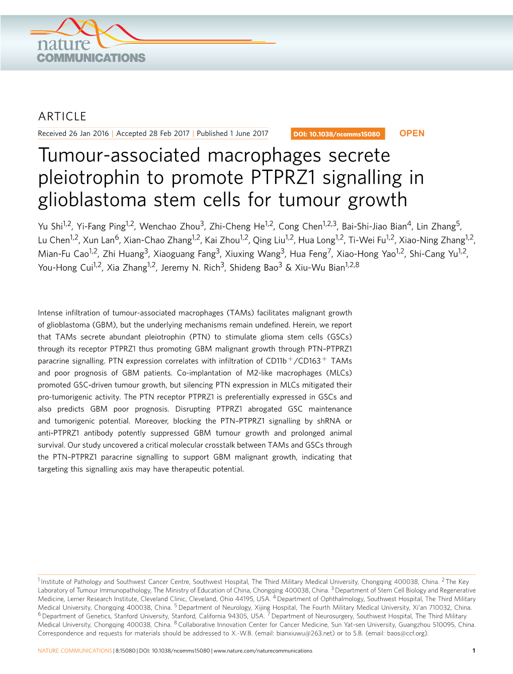 Tumour-Associated Macrophages Secrete Pleiotrophin to Promote PTPRZ1 Signalling in Glioblastoma Stem Cells for Tumour Growth