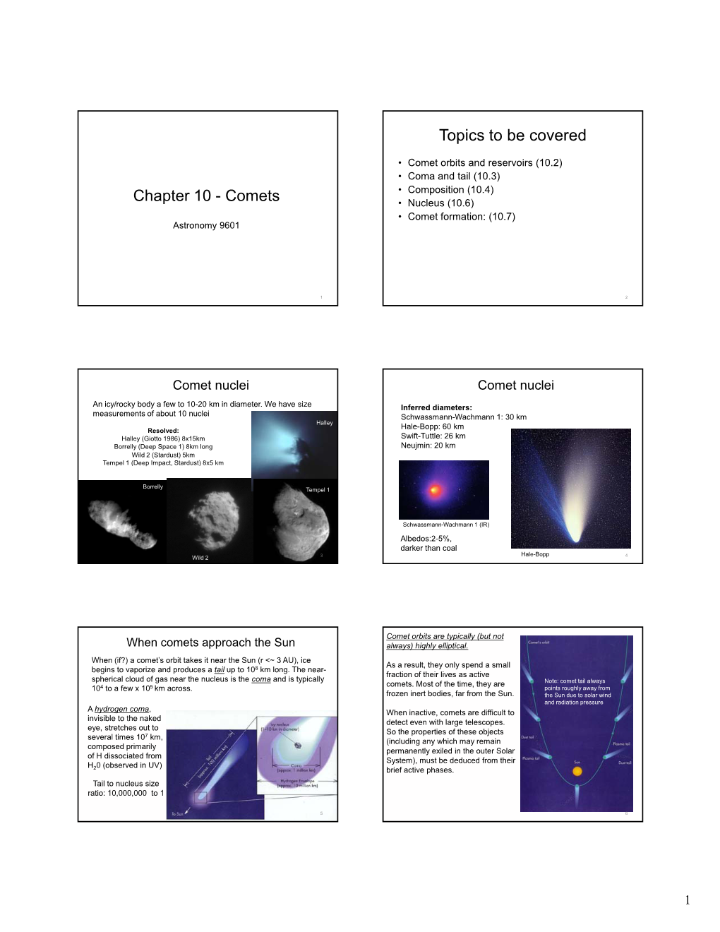 Chapter 10 - Comets • Nucleus (()10.6) • Comet Formation: (10.7) Astronomy 9601