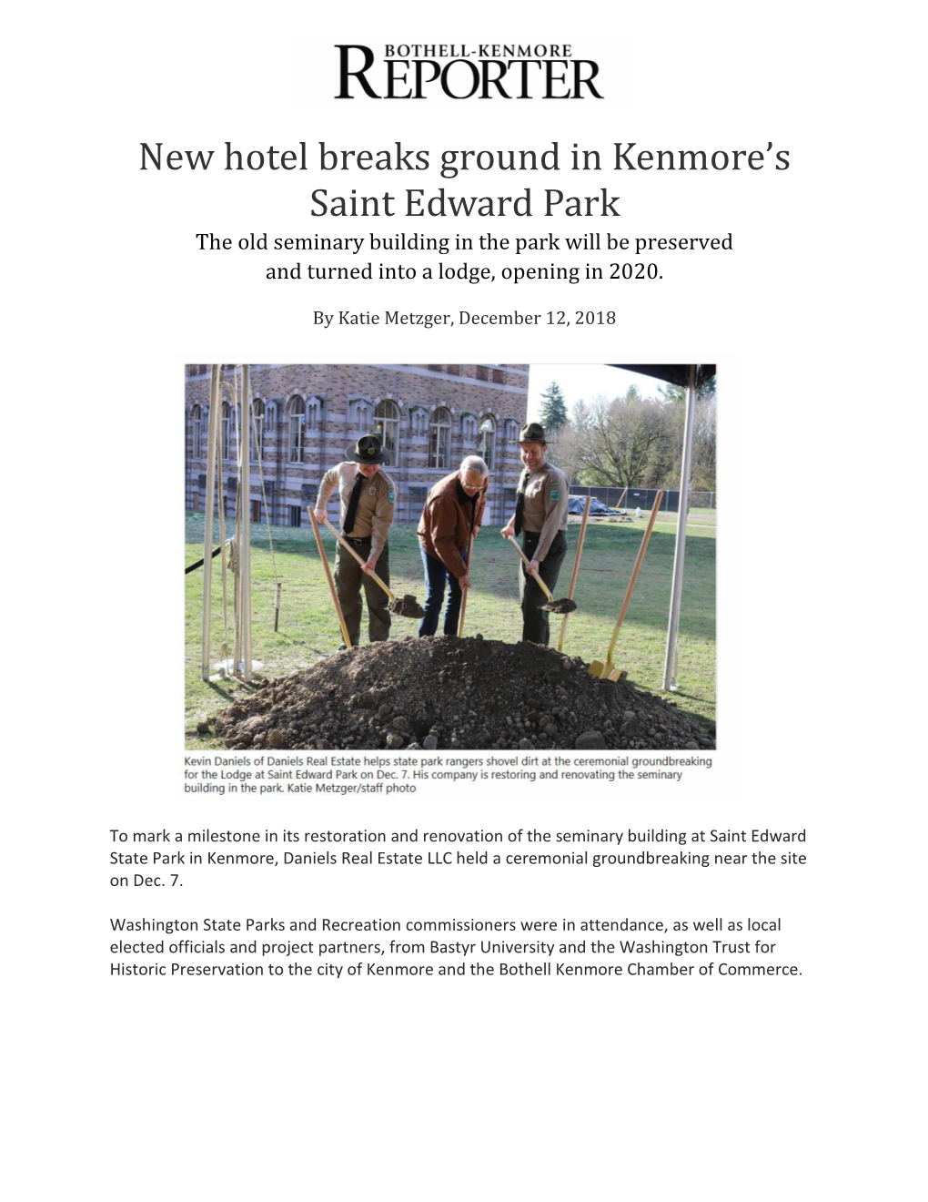 New Hotel Breaks Ground in Kenmore's Saint Edward Park