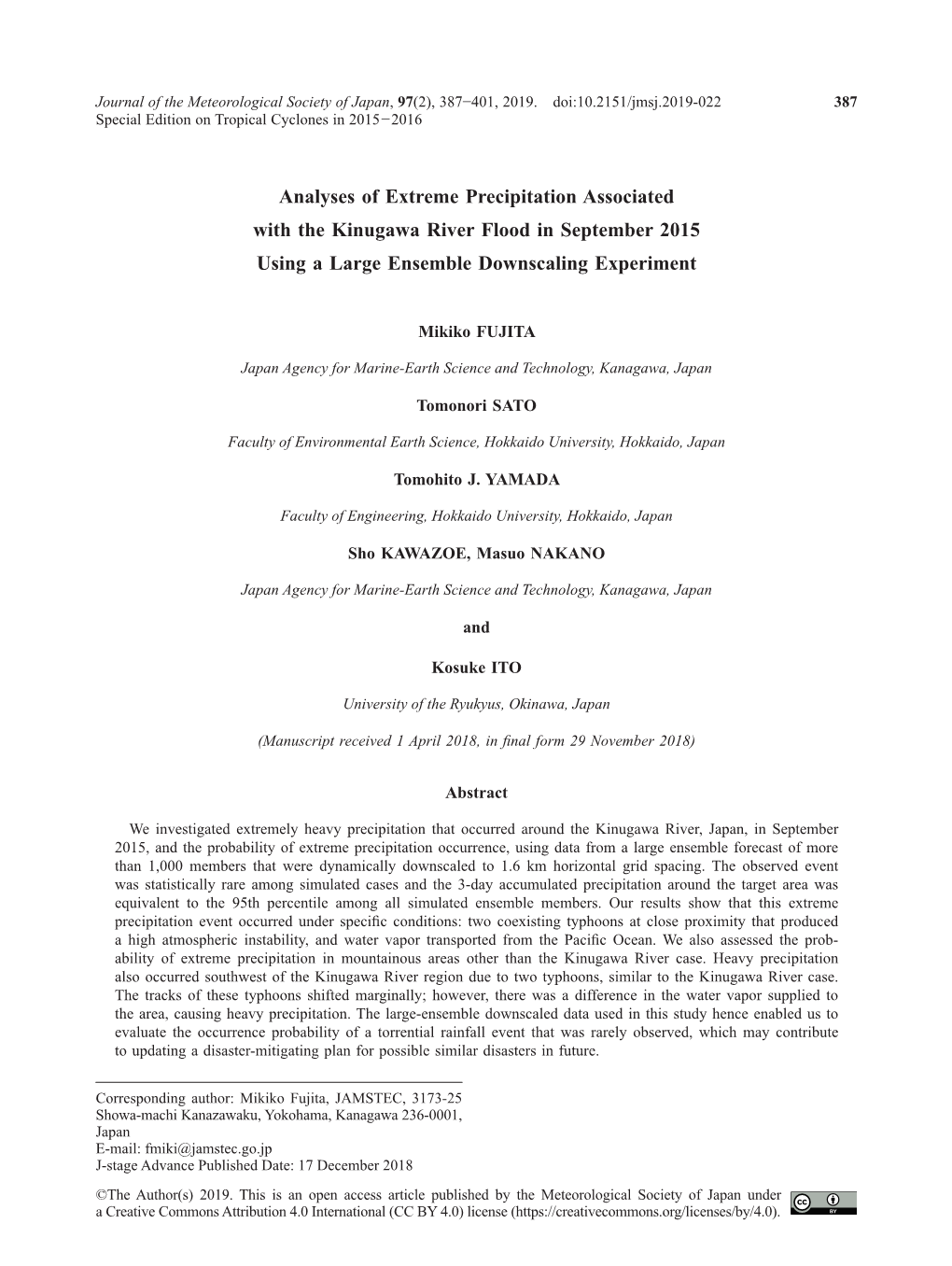 Analyses of Extreme Precipitation Associated with the Kinugawa River Flood in September 2015 Using a Large Ensemble Downscaling Experiment