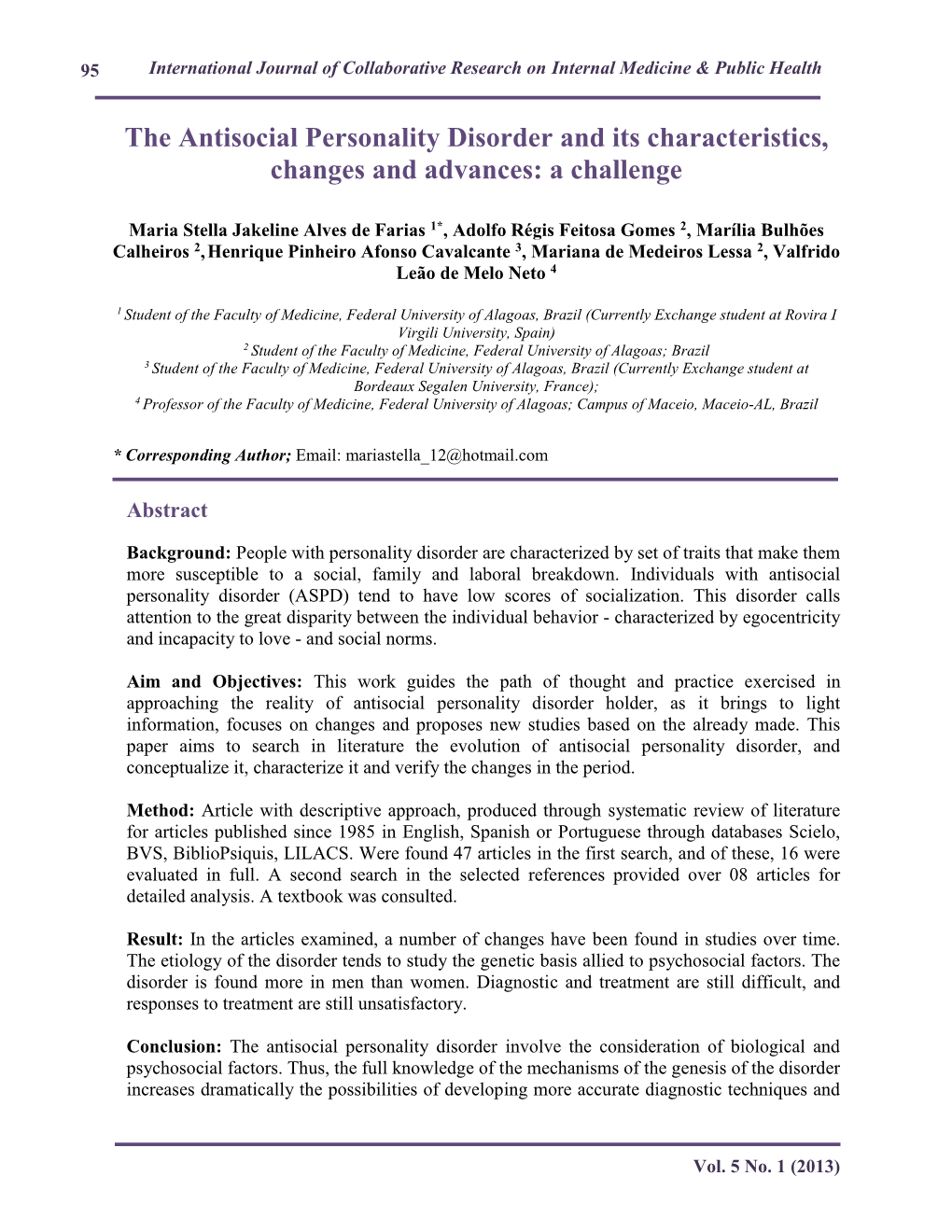 The Antisocial Personality Disorder and Its Characteristics, Changes and Advances: a Challenge