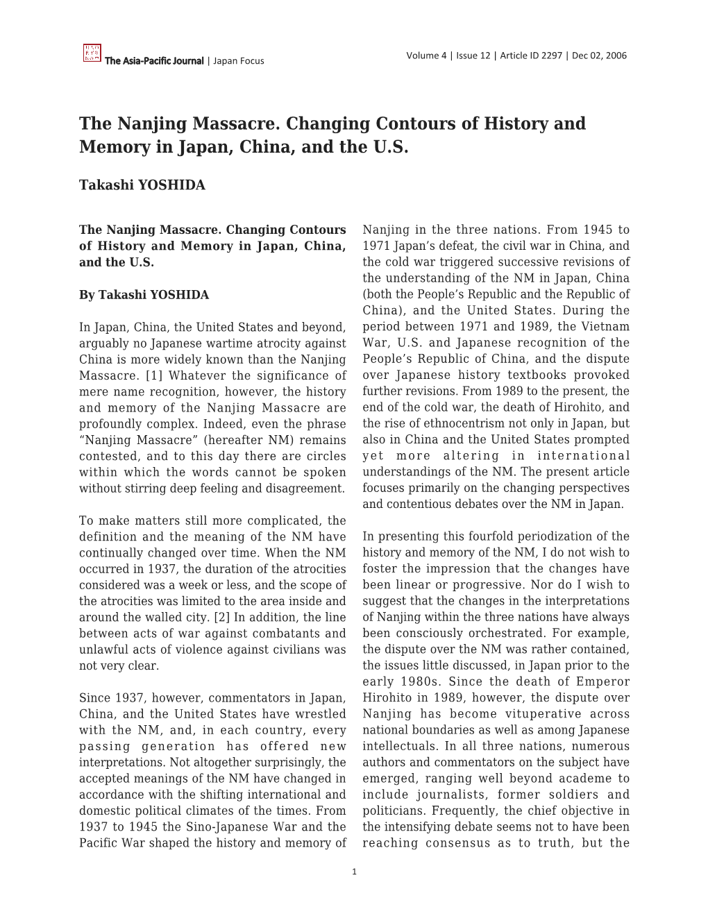 The Nanjing Massacre. Changing Contours of History and Memory in Japan, China, and the U.S