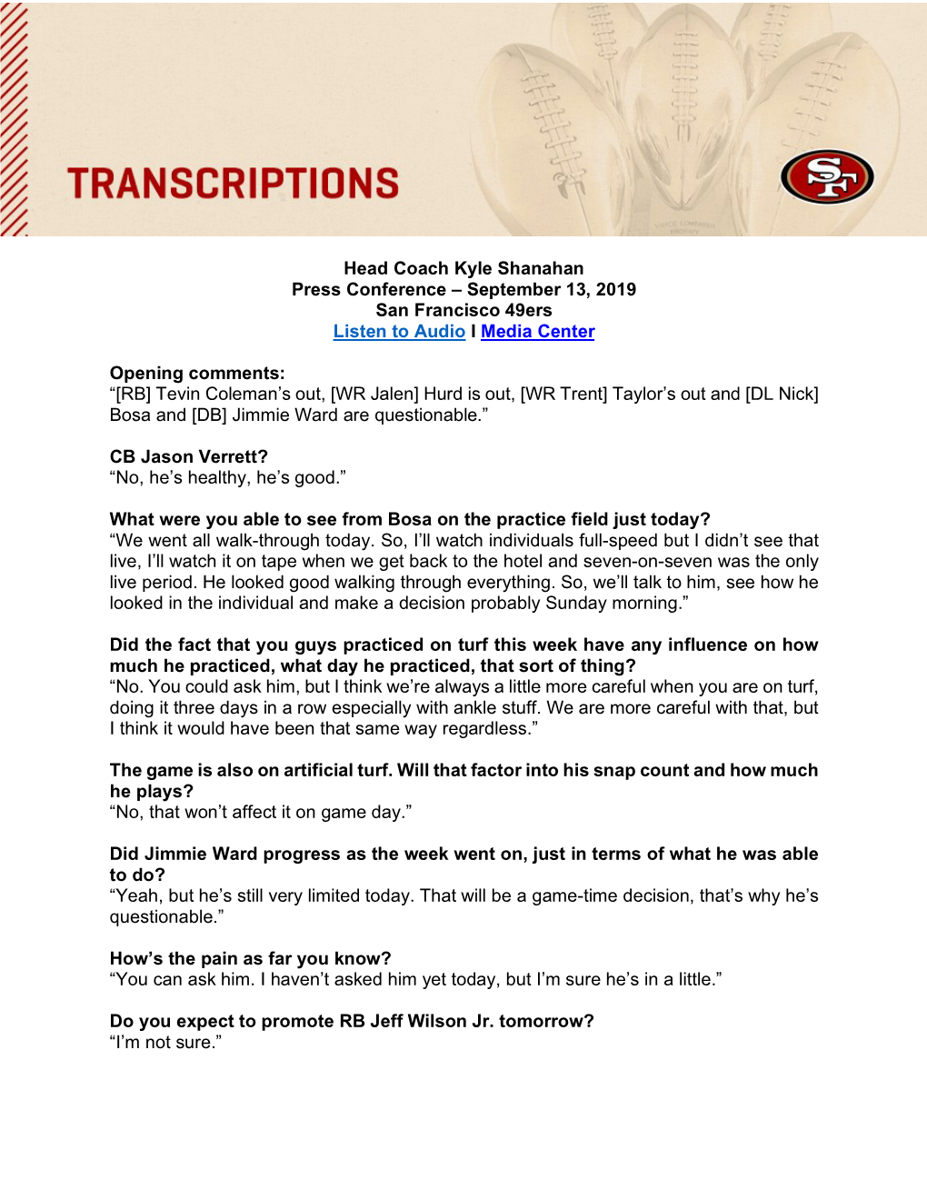 Head Coach Kyle Shanahan Press Conference – September 13, 2019 San Francisco 49Ers Listen to Audio I Media Center