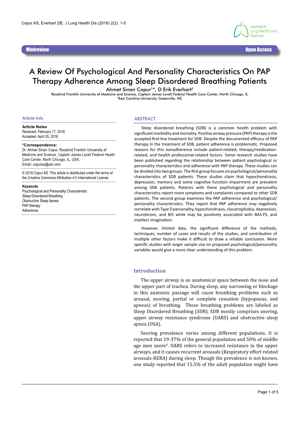 A Review of Psychological and Personality Characteristics on PAP Therapy Adherence Among Sleep Disordered Breathing Patients