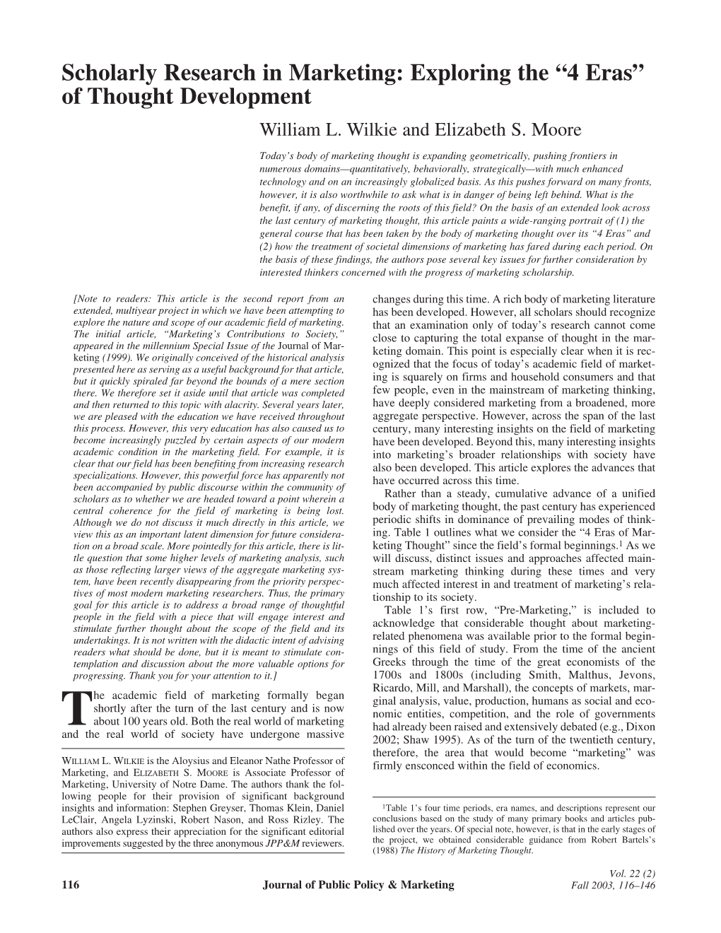 Scholarly Research in Marketing: Exploring the “4 Eras” of Thought Development William L