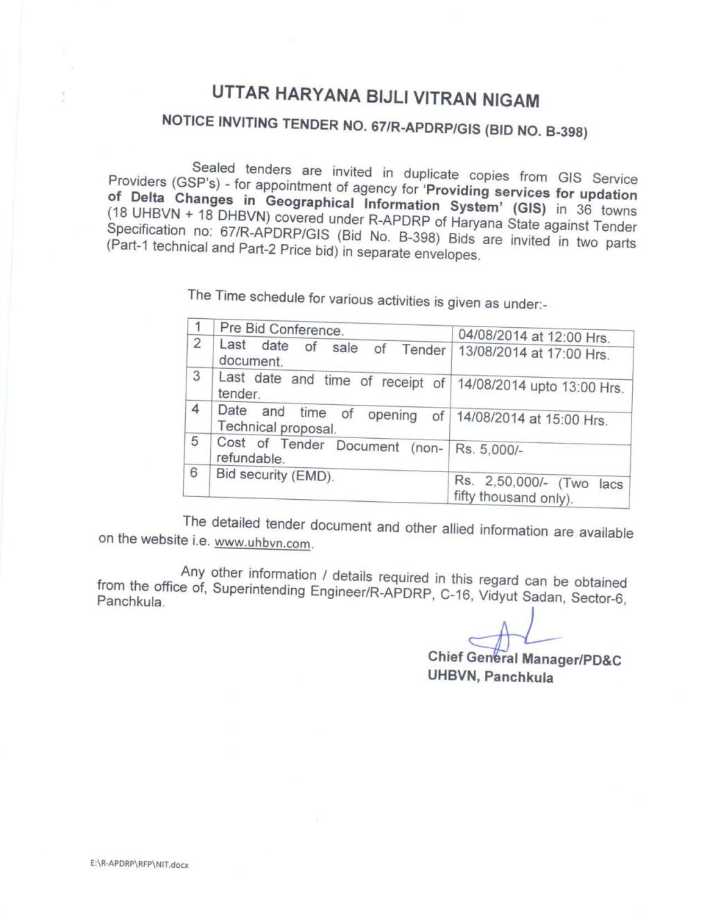 NIT No.- 67/R-APDRP/GIS/2014-15 (Bid No. B-398