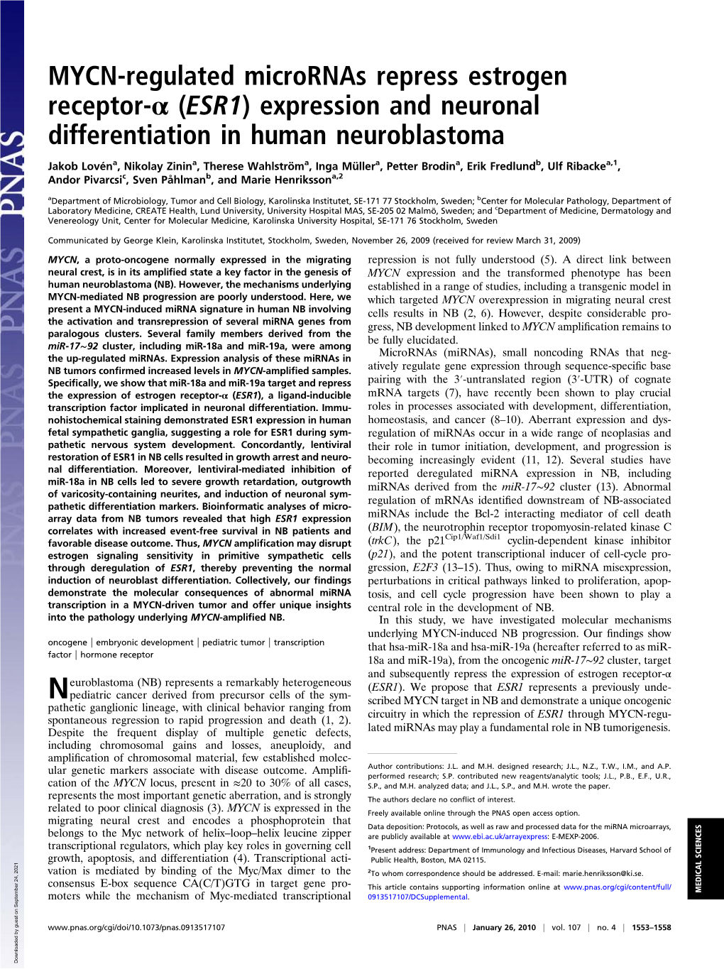 MYCN-Regulated Micrornas Repress Estrogen Receptor-Α (ESR1) Expression and Neuronal Differentiation in Human Neuroblastoma