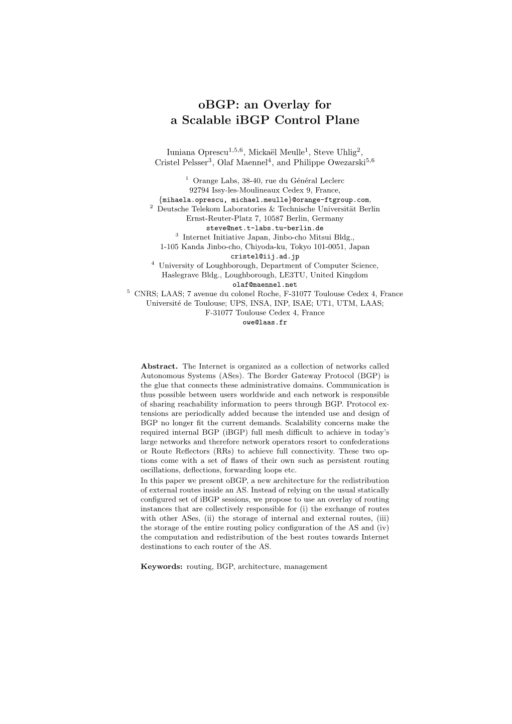 Obgp: an Overlay for a Scalable Ibgp Control Plane