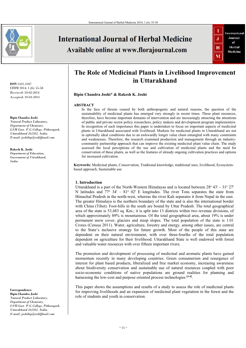 The Role of Medicinal Plants in Livelihood Improvement in Uttarakhand ISSN 2321-2187