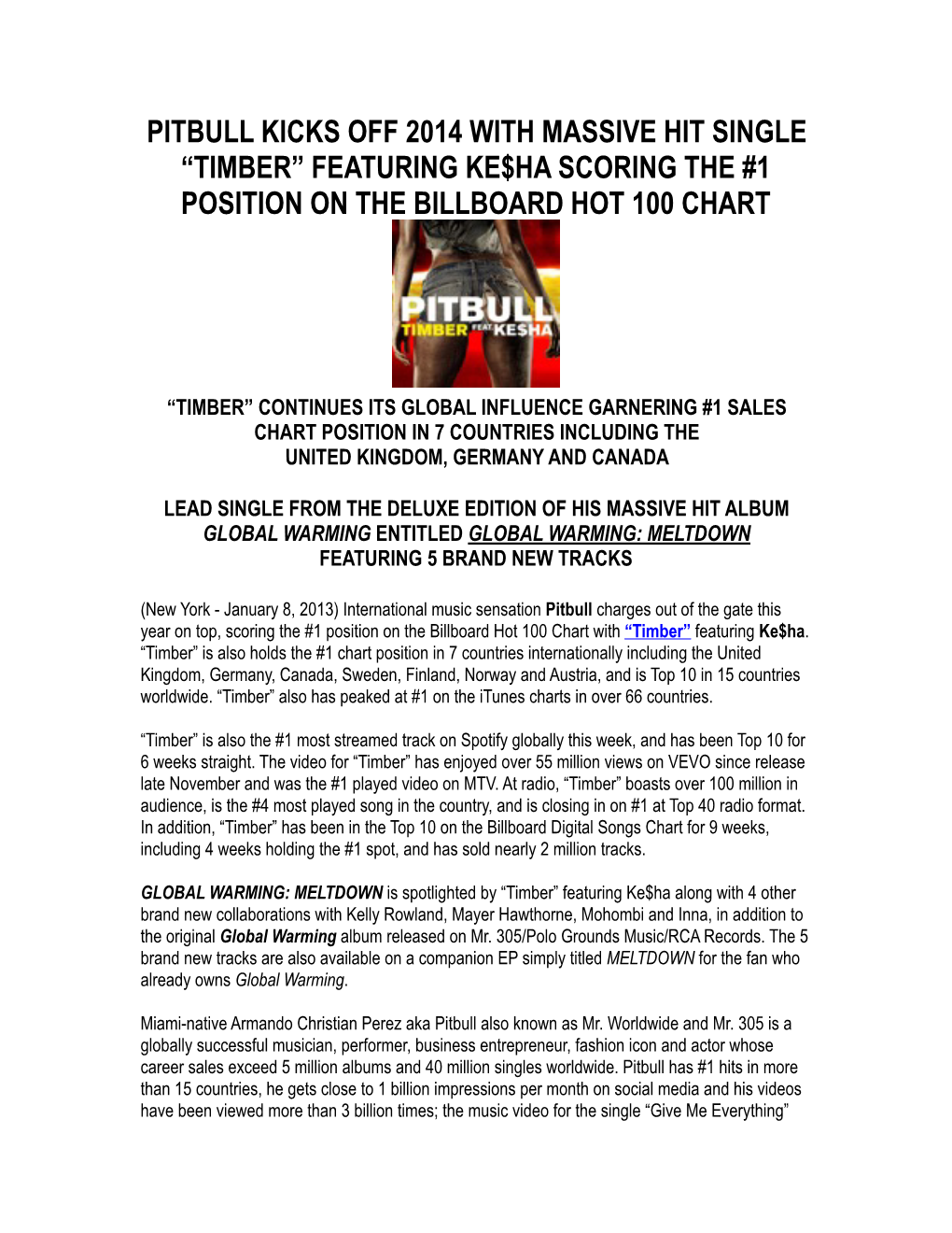 Pitbull Timber Hot 100 Press Release Final January 8, 2014