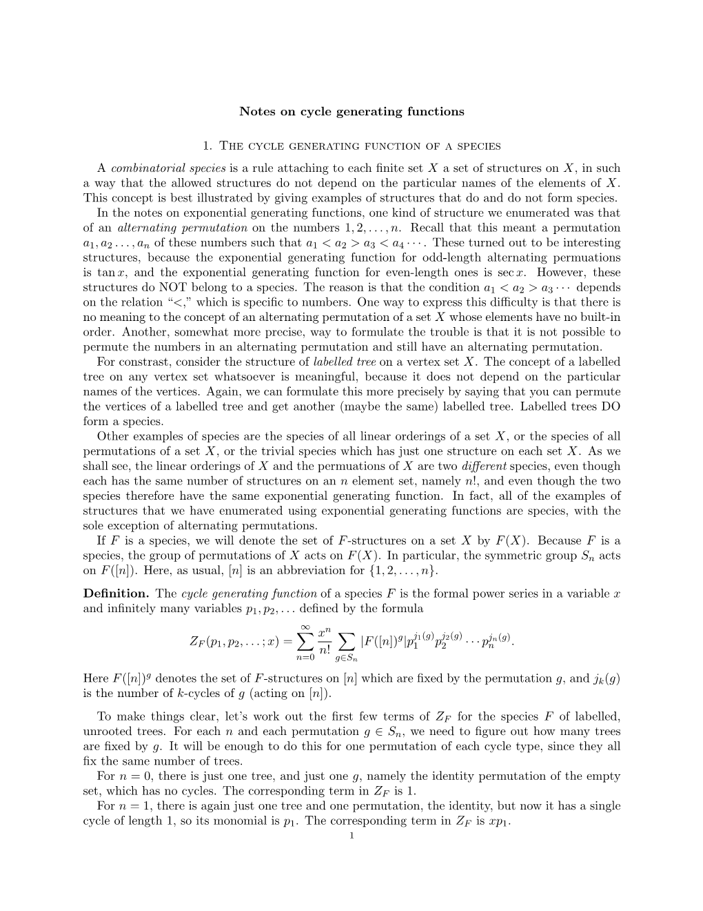 Notes on Cycle Generating Functions