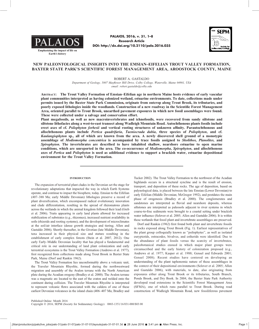 New Paleontological Insights Into the Emsian–Eifelian Trout Valley Formation, Baxter State Park’S Scientific Forest Management Area, Aroostock County, Maine