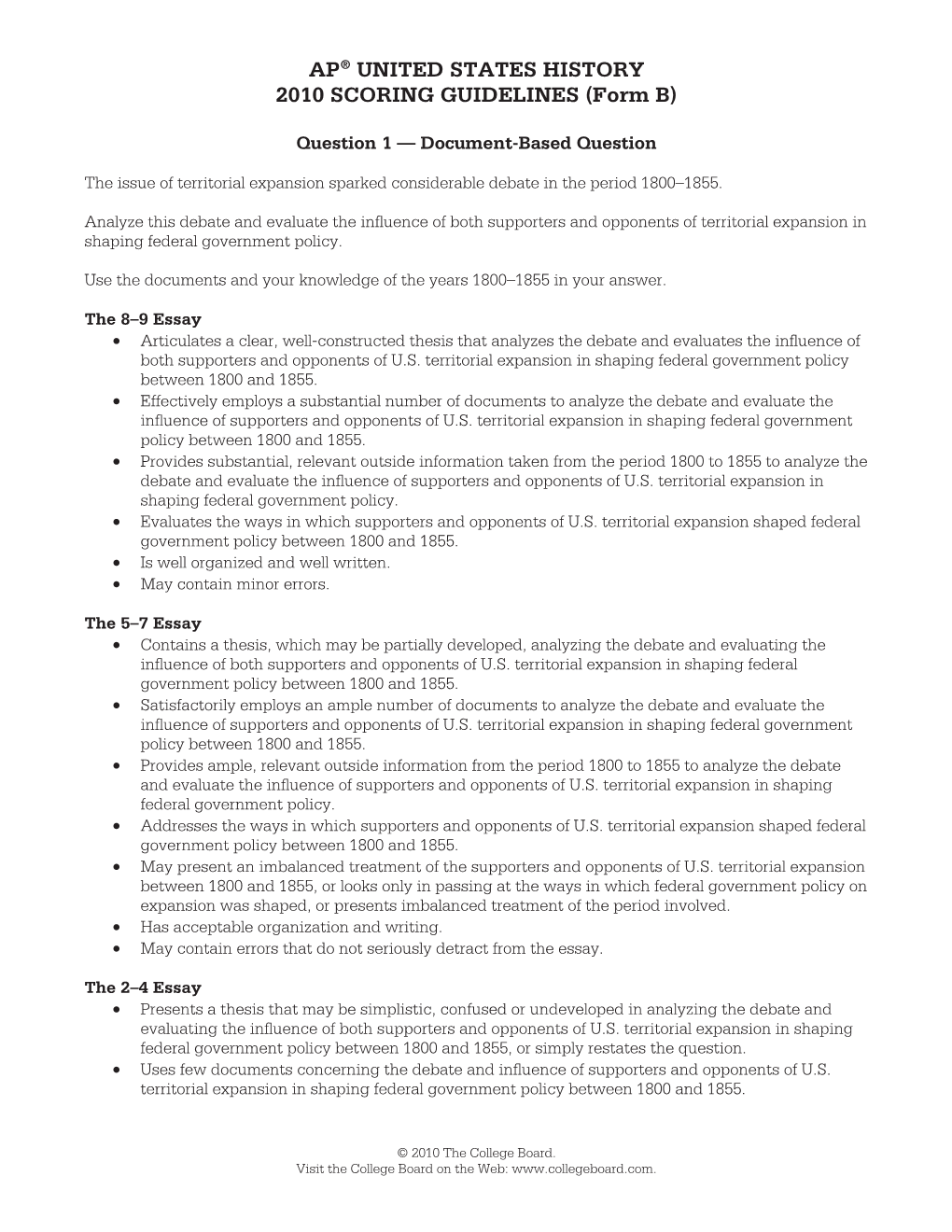 AP® UNITED STATES HISTORY 2010 SCORING GUIDELINES (Form B)