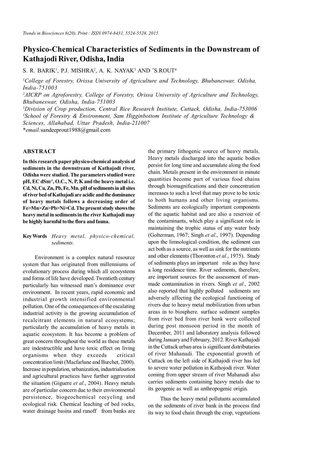 Physico-Chemical Characteristics of Sediments in the Downstream of Kathajodi River, Odisha, India S