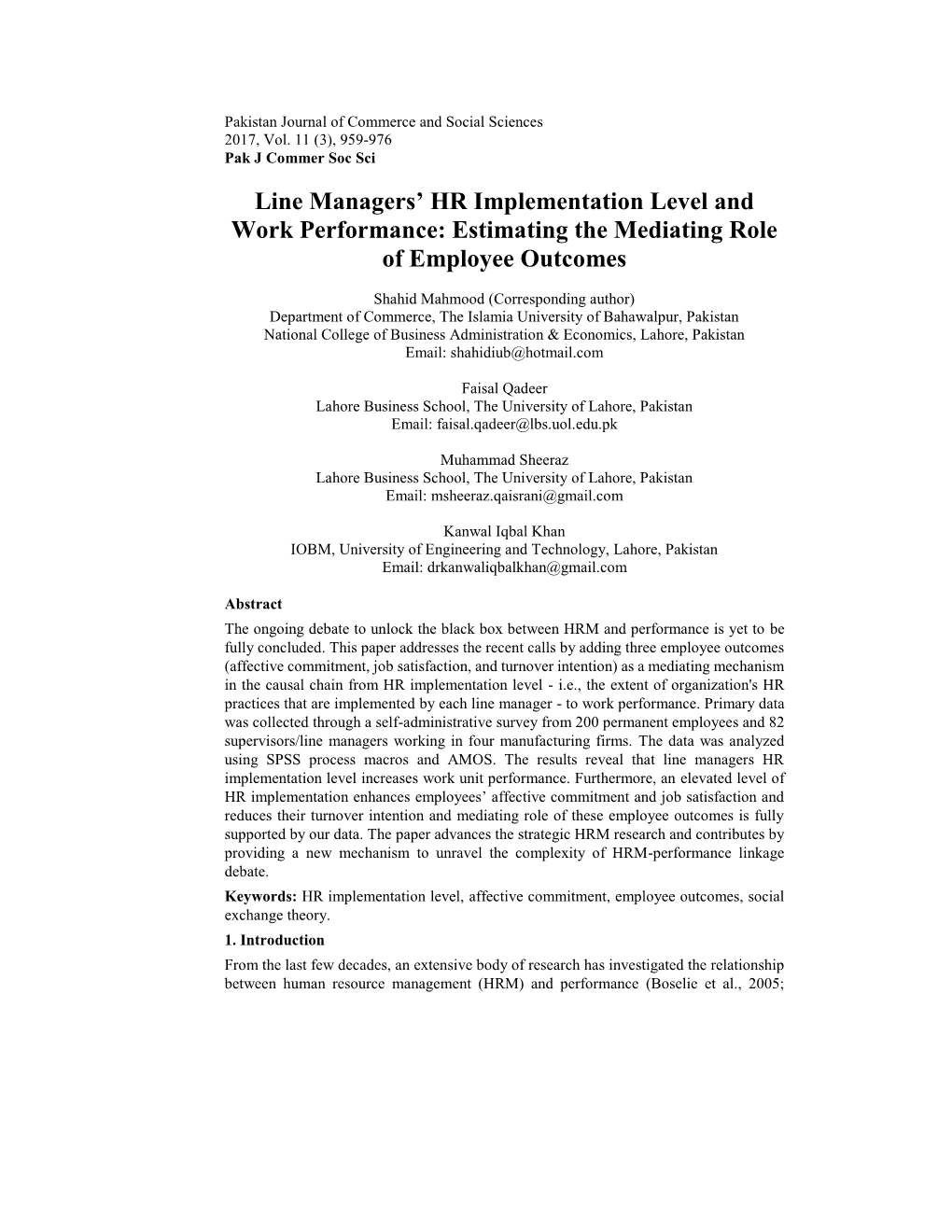 Line Managers' HR Implementation Level and Work Performance: Estimating the Mediating Role of Employee Outcomes