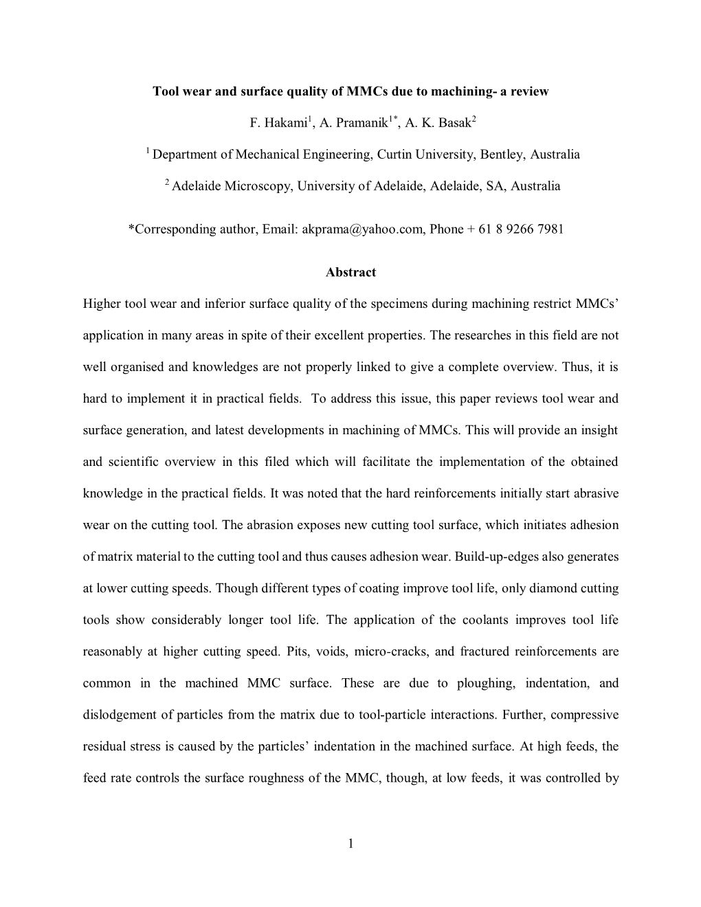 1 Tool Wear and Surface Quality of Mmcs Due to Machining- a Review F