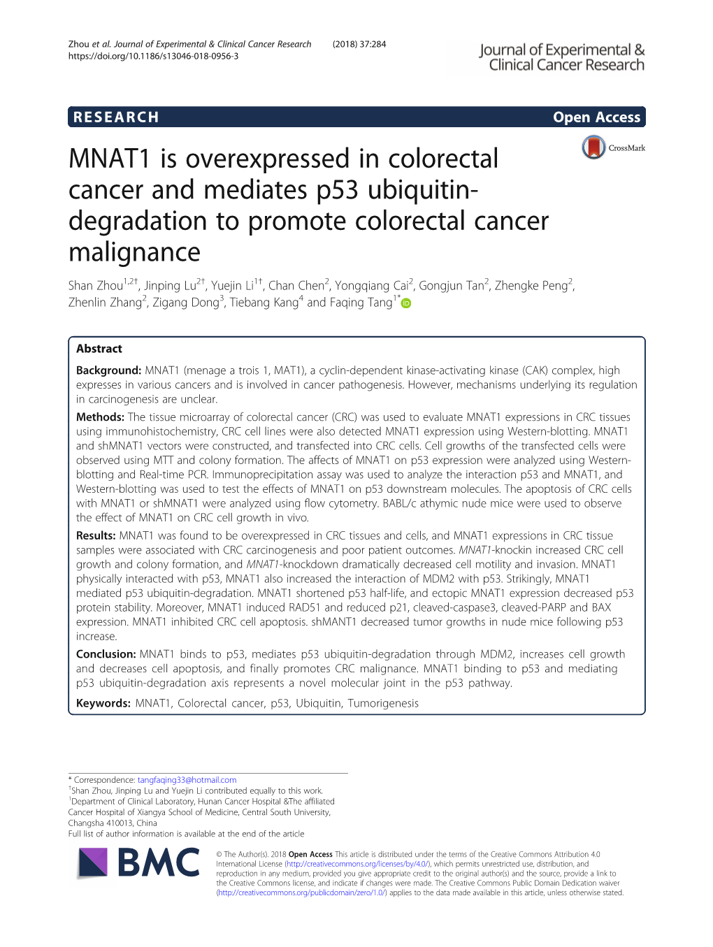 MNAT1 Is Overexpressed in Colorectal Cancer and Mediates P53 Ubiquitin-Degradation to Promote Colorectal Cancer Malignance