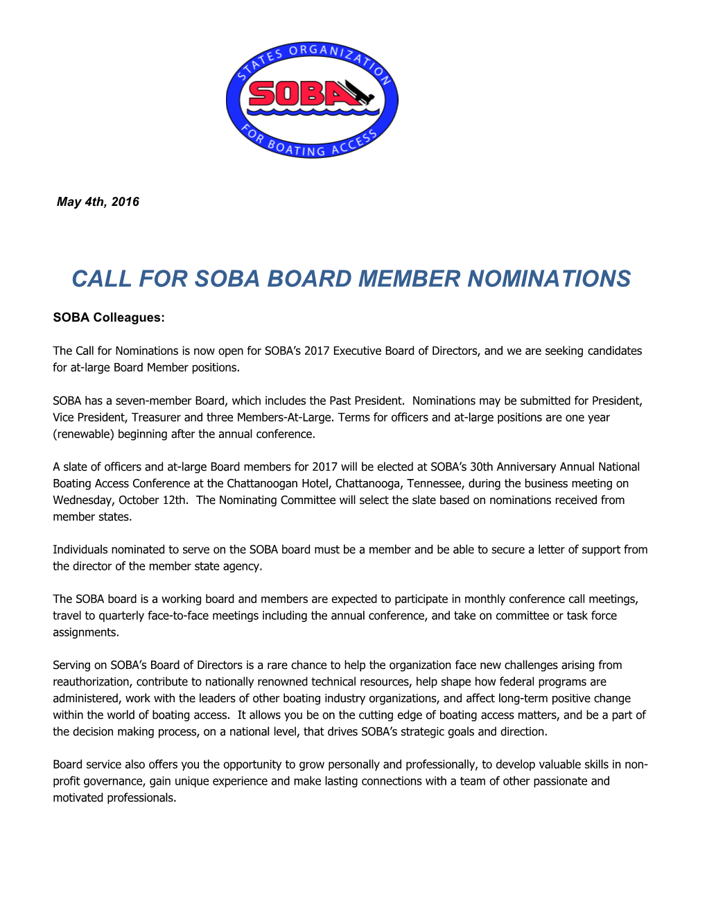 Call for Soba Board Member Nominations