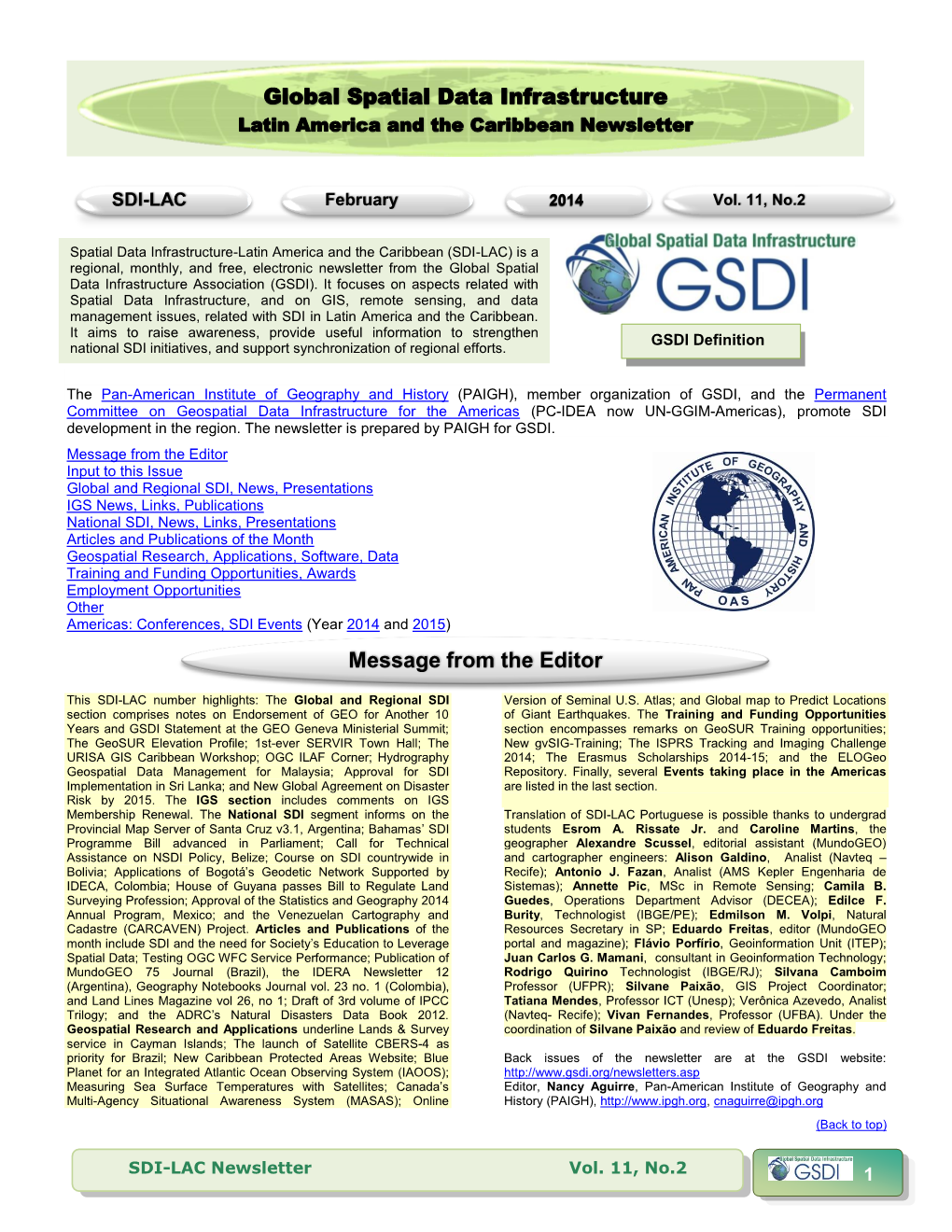 Global Spatial Data Infrastructure Message from the Editor