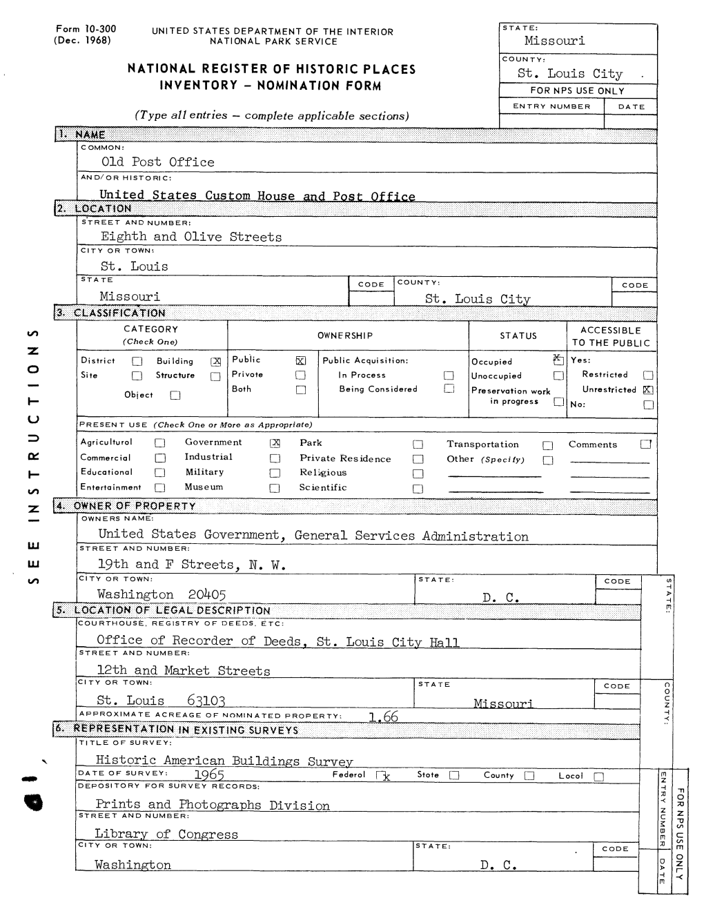 Old Post Office United States Government, General Services Administration 19Th and F Streets, N. W, Office of Recorder of Deeds