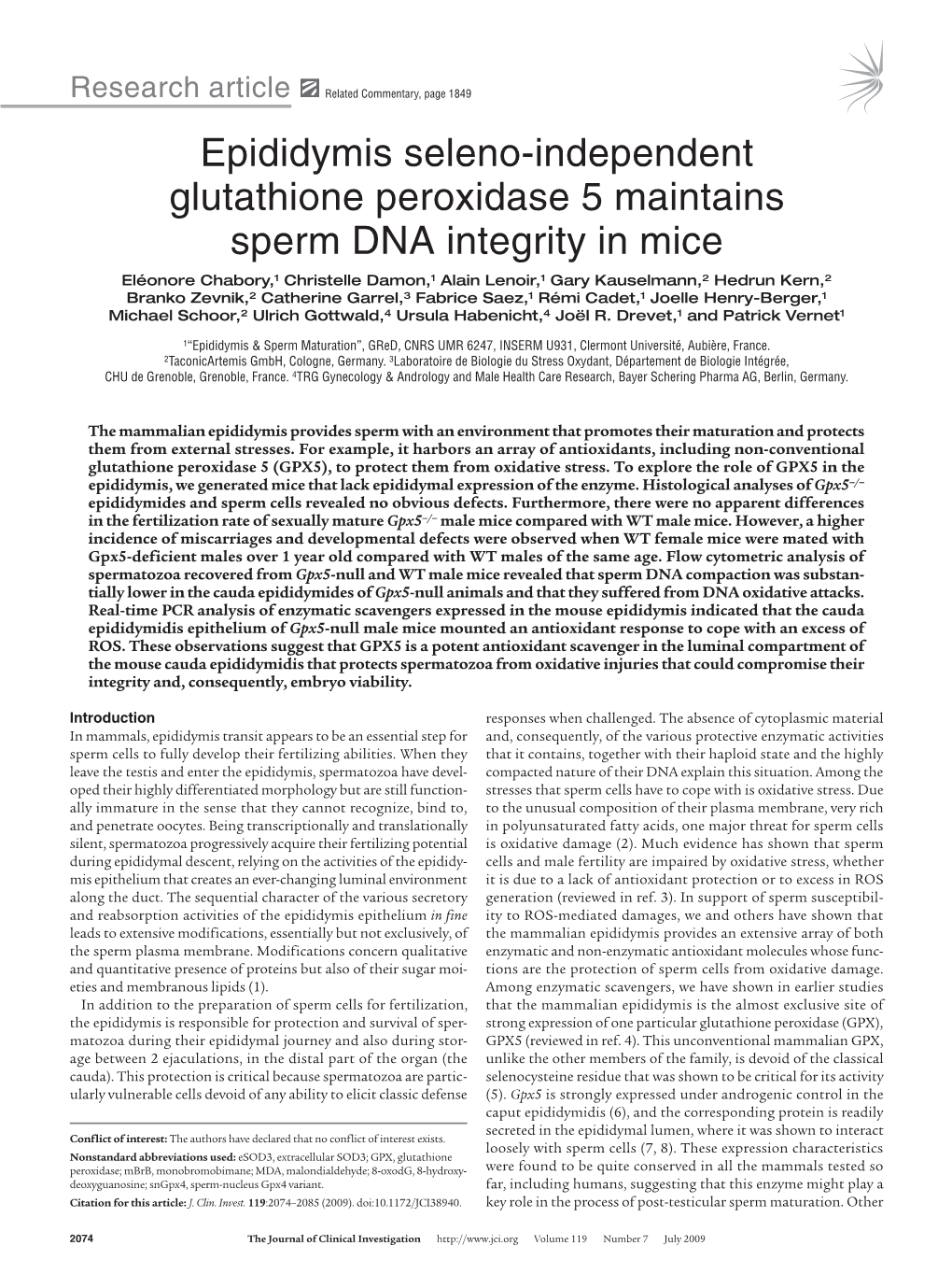 Epididymis Seleno-Independent Glutathione Peroxidase 5 Maintains