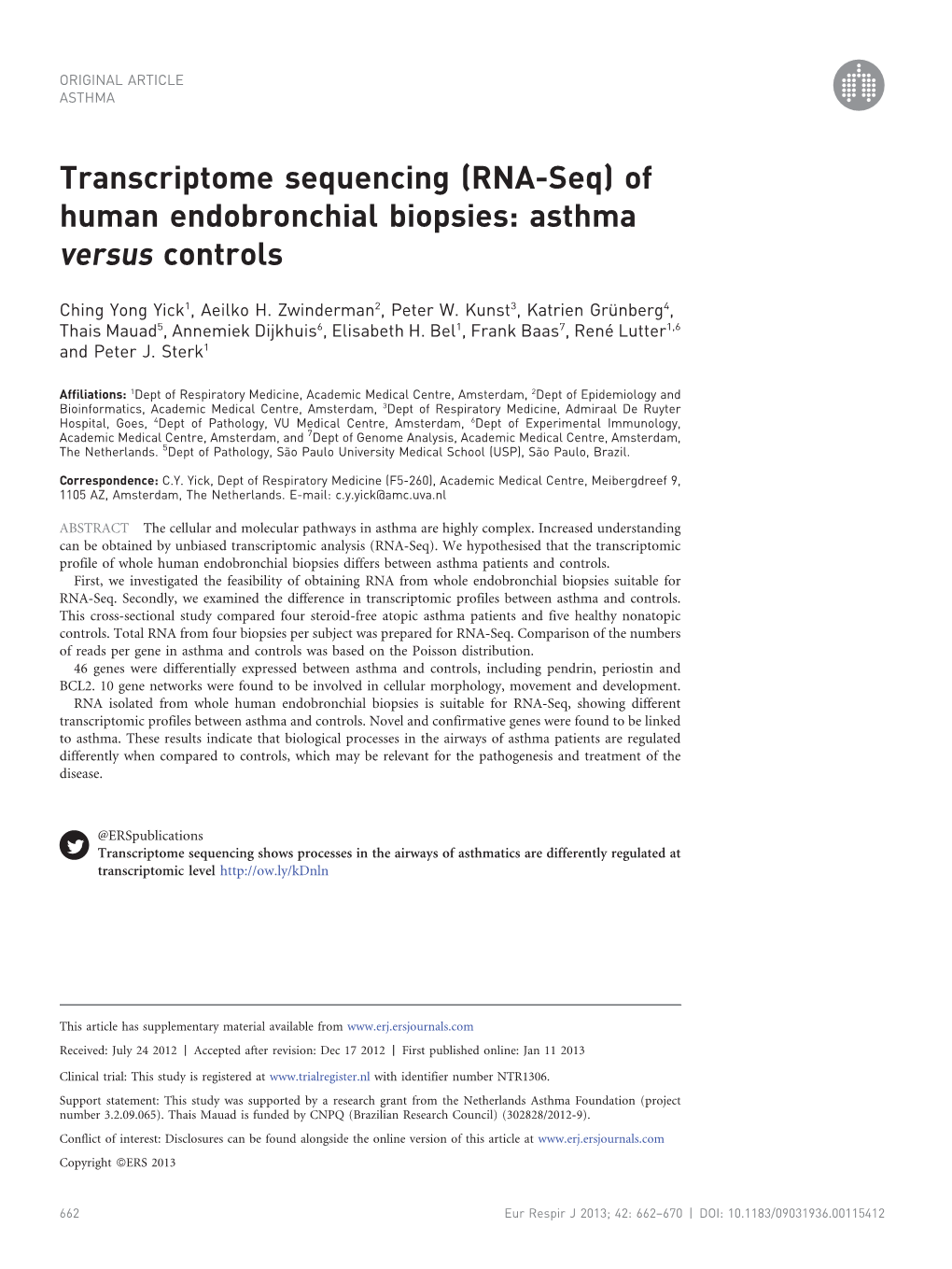 (RNA-Seq) of Human Endobronchial Biopsies: Asthma Versus Controls