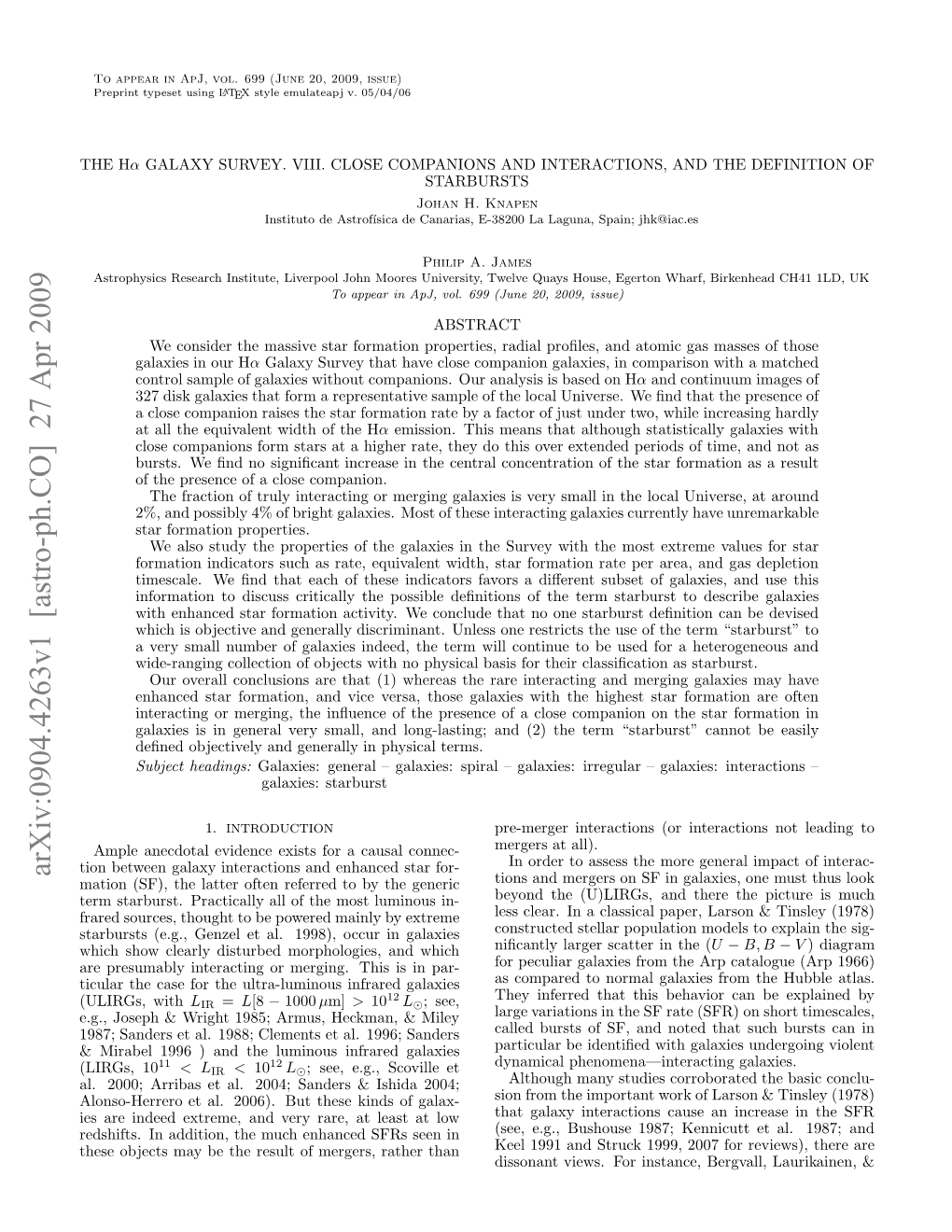 Arxiv:0904.4263V1 [Astro-Ph.CO] 27 Apr 2009 Iua H Aefrteutalmnu Nrrdgalaxies Par- Infrared in Ultra-Luminous Is the with This for (Ulirgs, Case Galaxies Merging
