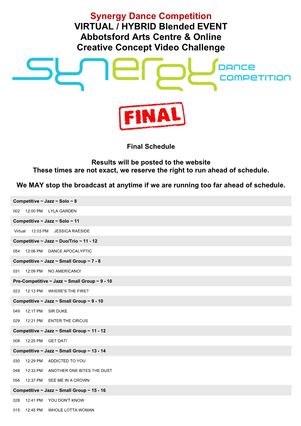 Synergy Dance Competition VIRTUAL / HYBRID Blended EVENT Abbotsford Arts Centre & Online Creative Concept Video Challenge