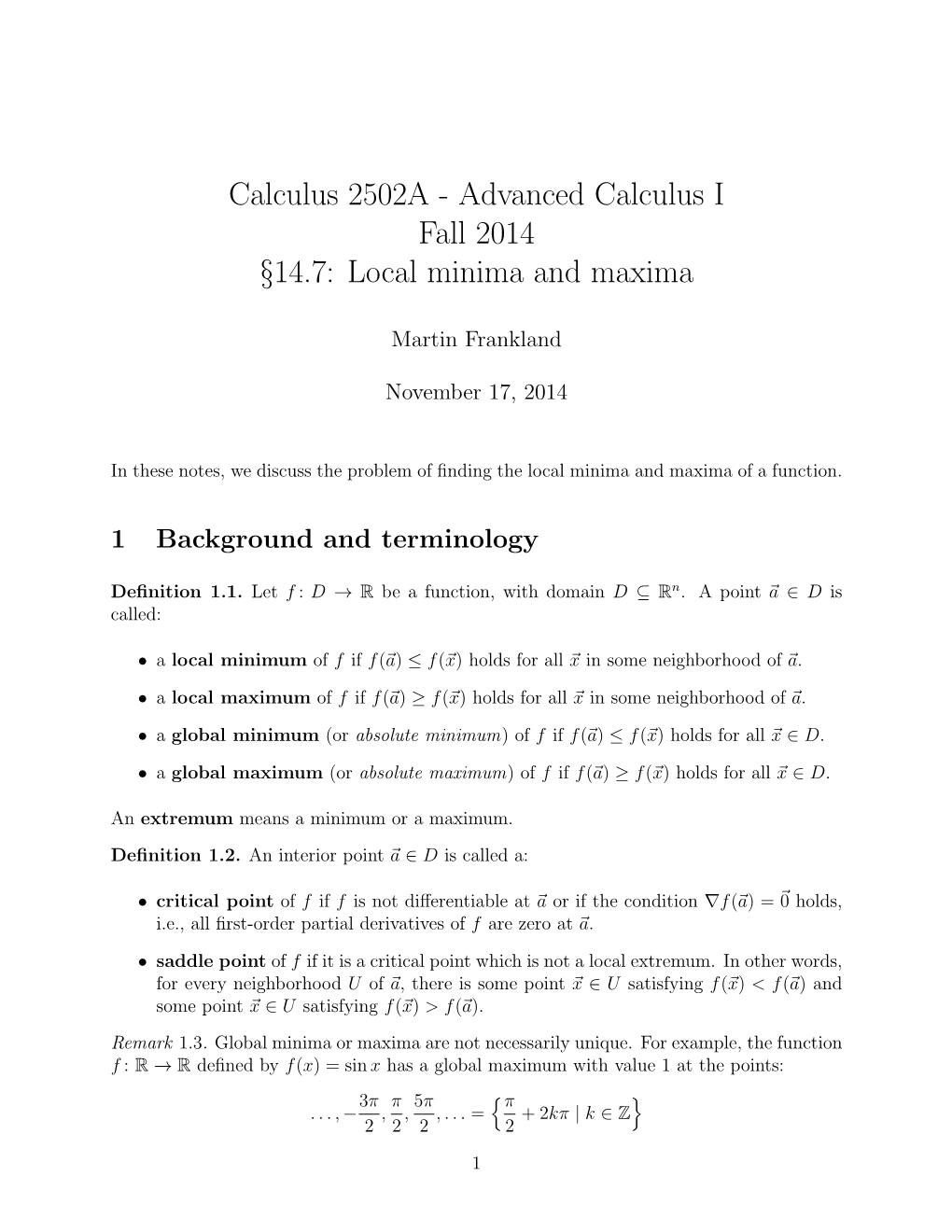 Advanced Calculus I Fall 2014 §14.7: Local Minima and Maxima