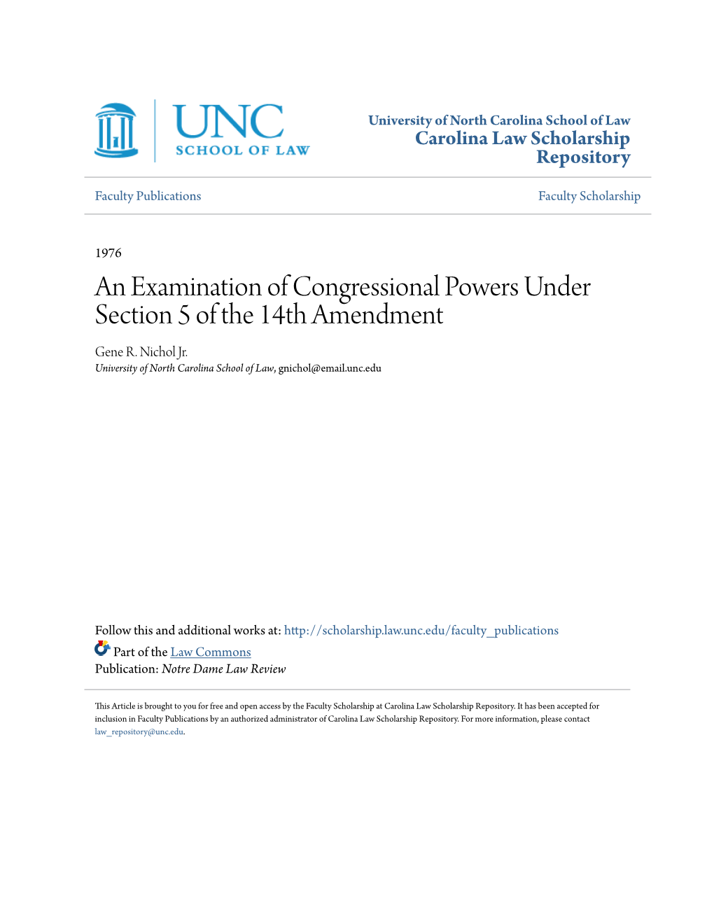 An Examination of Congressional Powers Under Section 5 of the 14Th Amendment Gene R