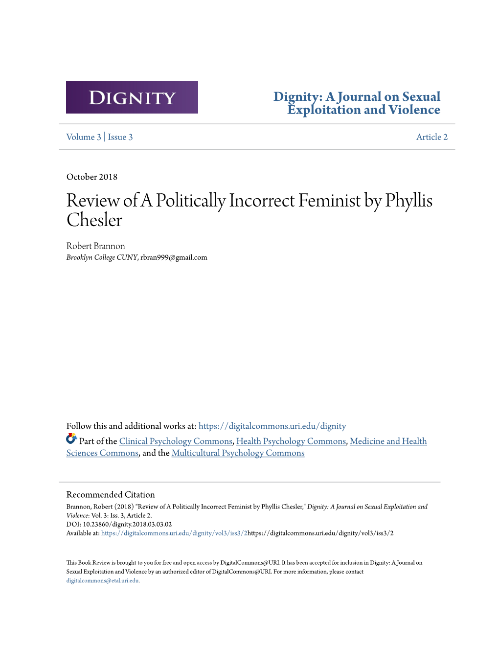 Review of a Politically Incorrect Feminist by Phyllis Chesler Robert Brannon Brooklyn College CUNY, Rbran999@Gmail.Com