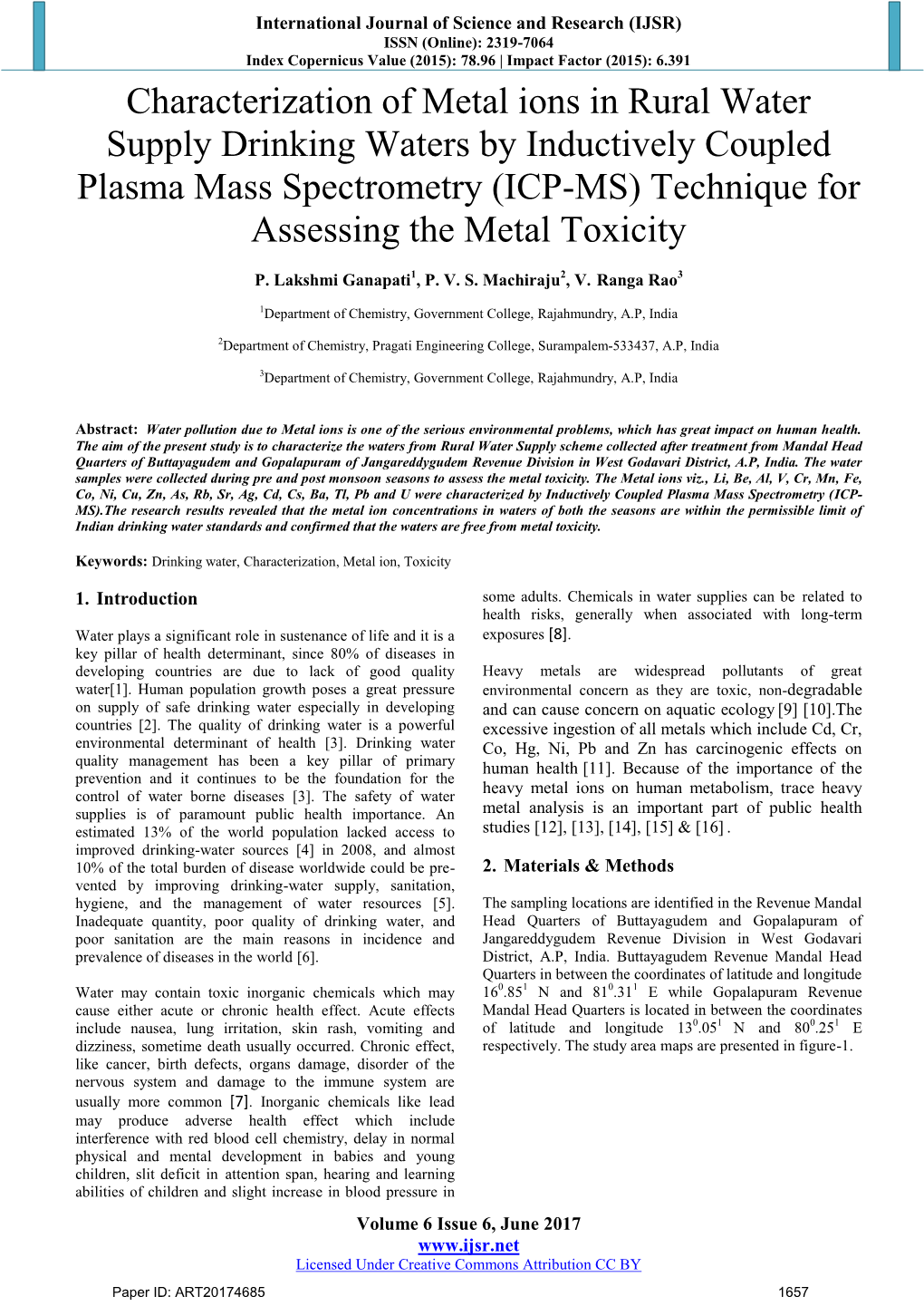 Characterization of Metal Ions in Rural Water Supply Drinking Waters By