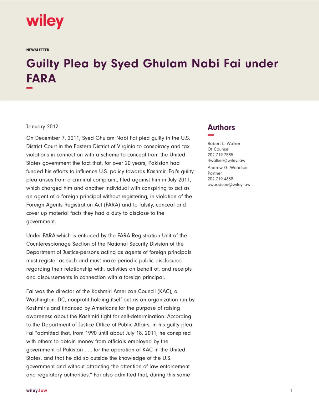 Guilty Plea by Syed Ghulam Nabi Fai Under FARA −