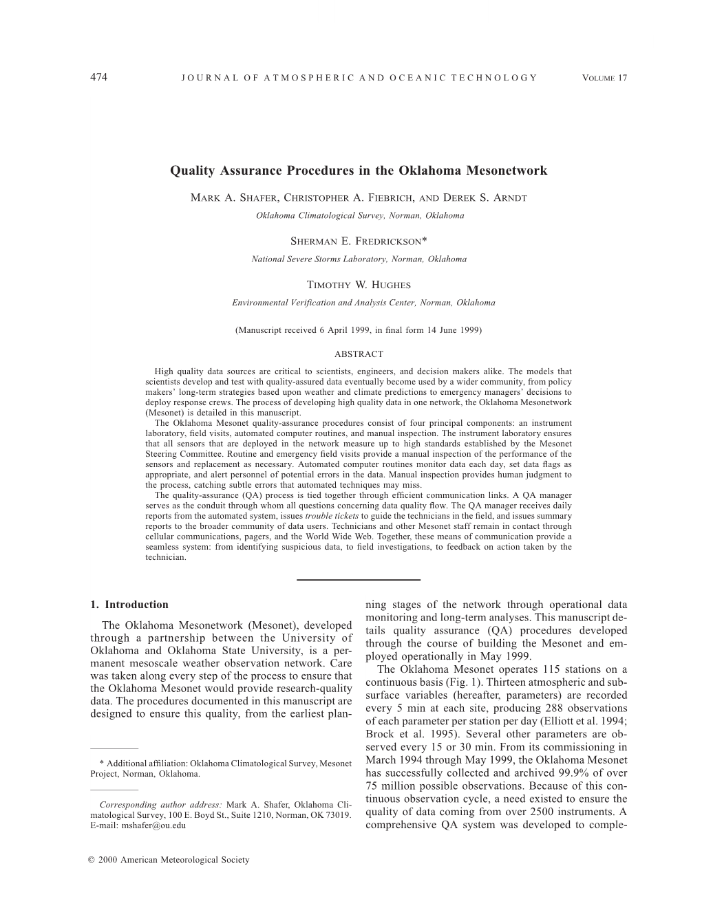 Quality Assurance Procedures in the Oklahoma Mesonetwork