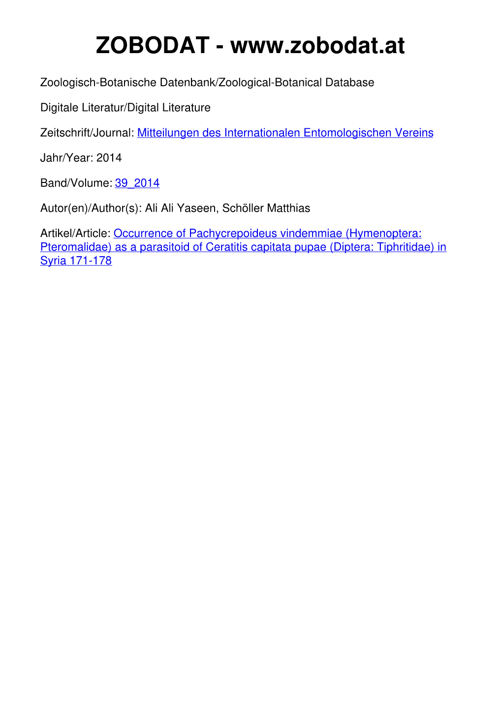 (Hymenoptera: Pteromalidae) As a Parasitoid of Ceratitis Capitata Pupae (Diptera: Tiphritidae) in Syria 171-178 Mitt