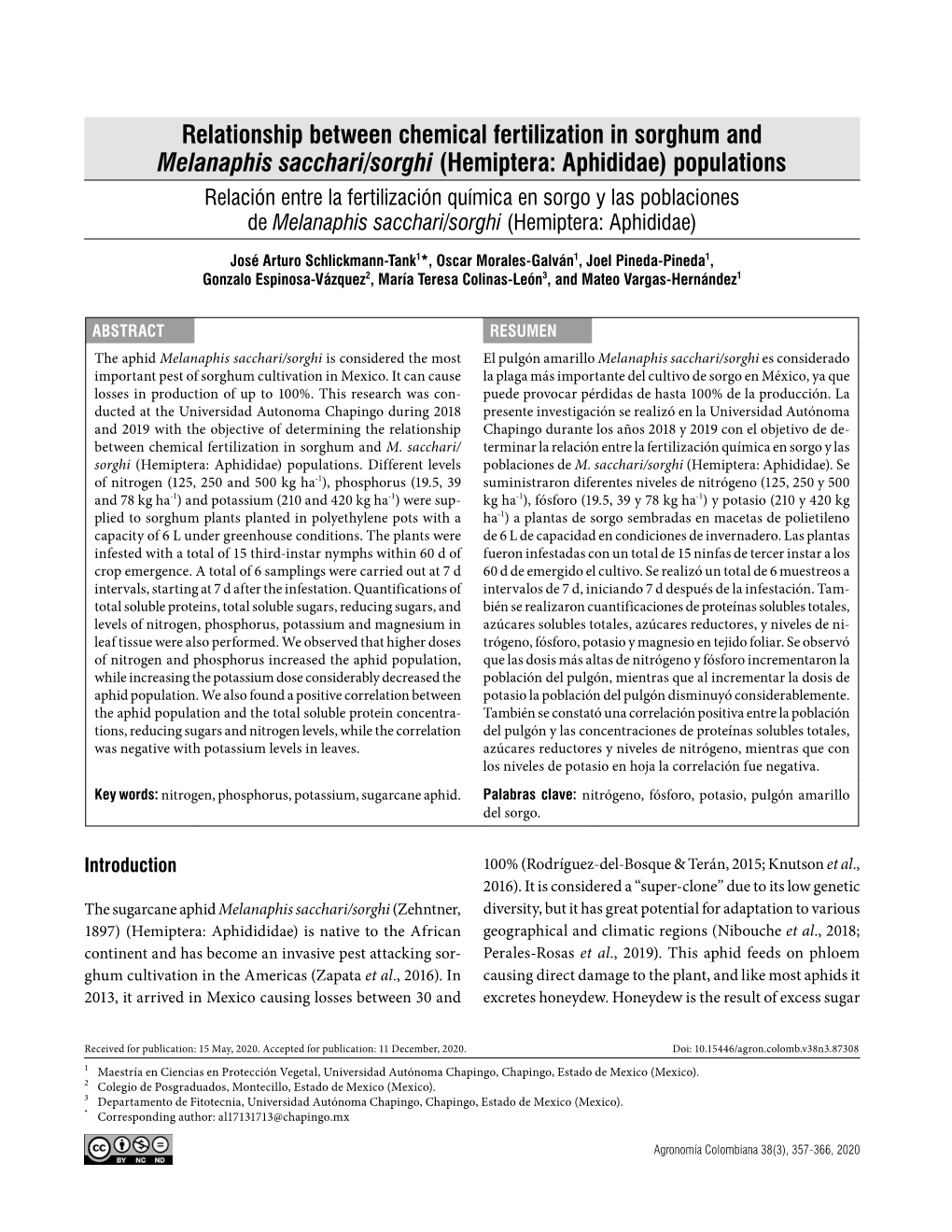 Relationship Between Chemical Fertilization in Sorghum and Melanaphis Sacchari/Sorghi (Hemiptera: Aphididae) Populations