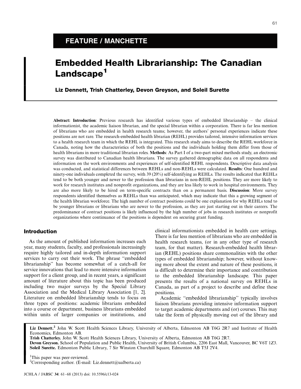 Embedded Health Librarianship: the Canadian Landscape1