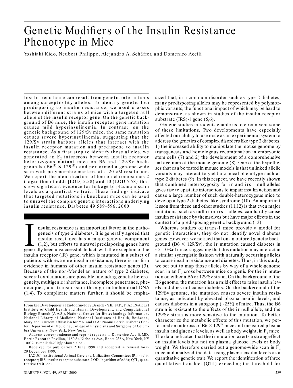 Genetic Modifiers of the Insulin Resistance Phenotype in Mice