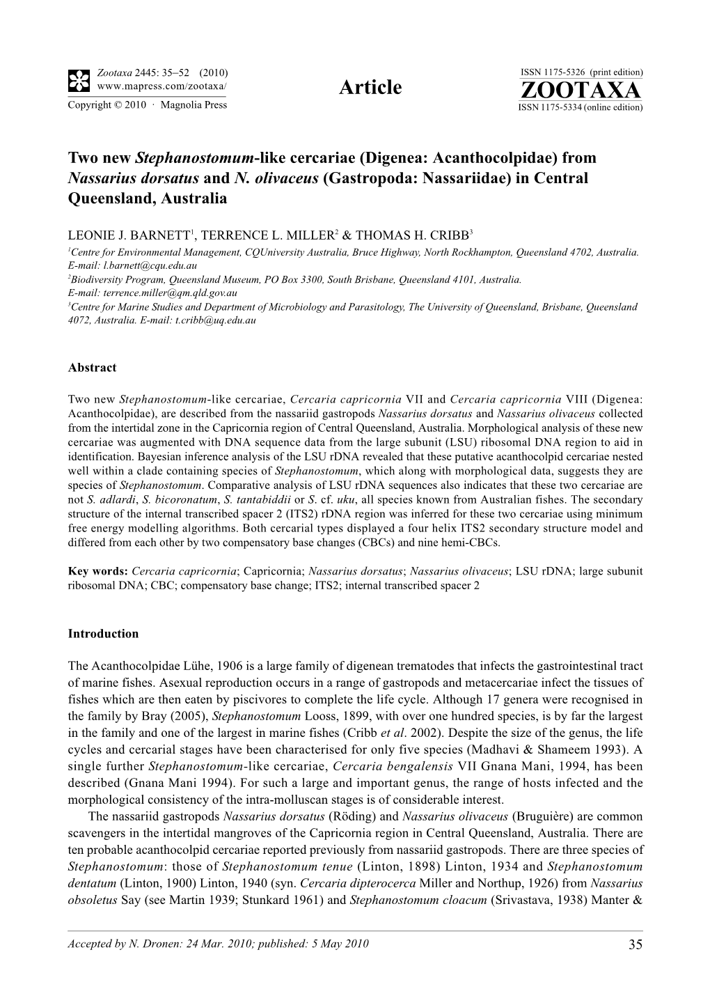 Zootaxa, Two New Stephanostomum