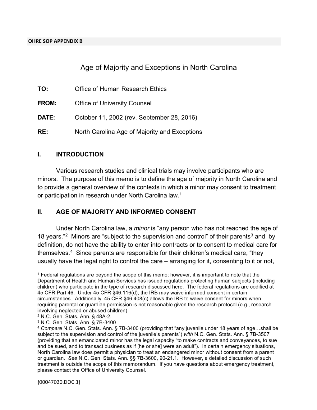 NC Age of Majority and Exceptions for Consent Memo (00047020-3).DOC