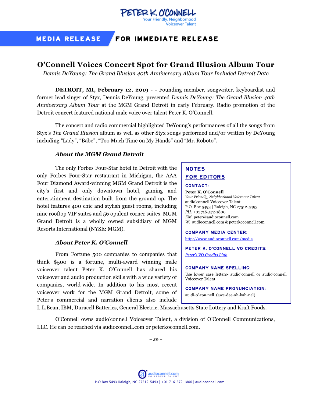 O'connell Voices Concert Spot for Grand Illusion Album Tour