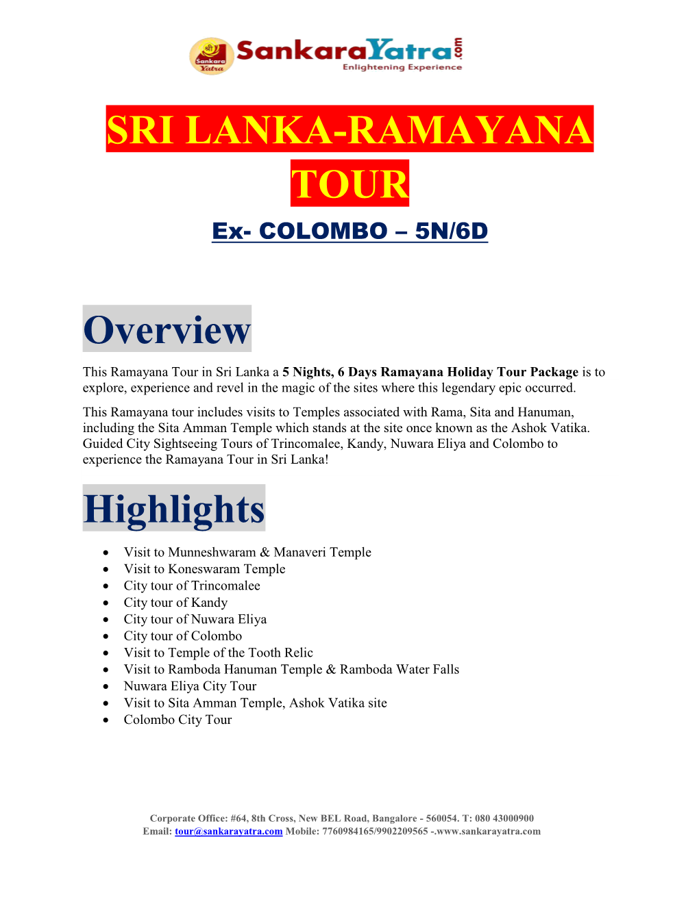 SRI LANKA-RAMAYANA TOUR Overview Highlights