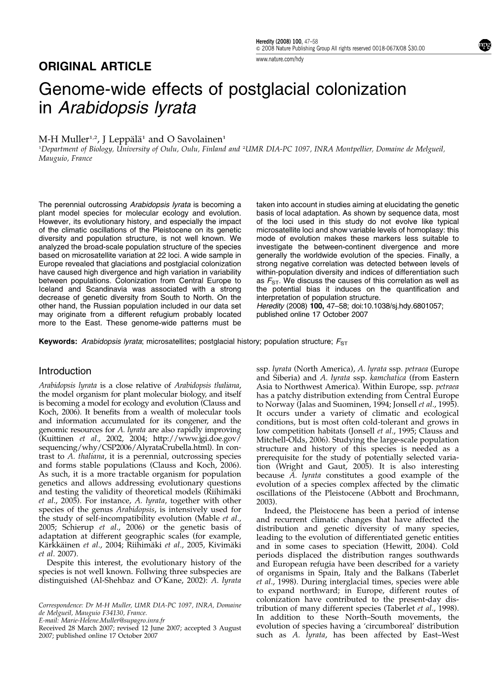 Genome-Wide Effects of Postglacial Colonization in Arabidopsis Lyrata