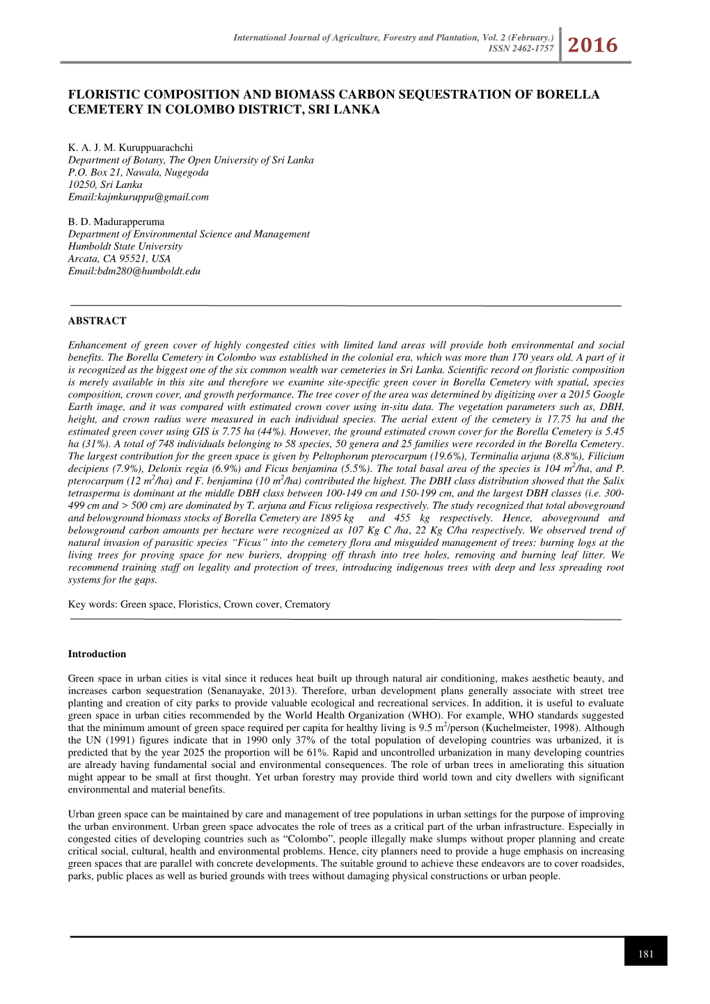 Floristic Composition and Biomass Carbon Sequestration of Borella Cemetery in Colombo District, Sri Lanka