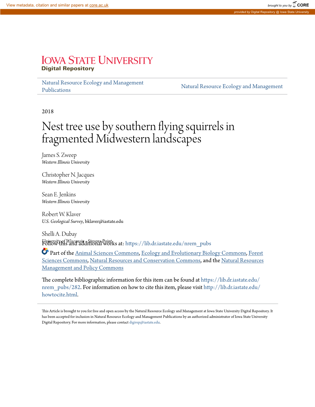 Nest Tree Use by Southern Flying Squirrels in Fragmented Midwestern Landscapes James S