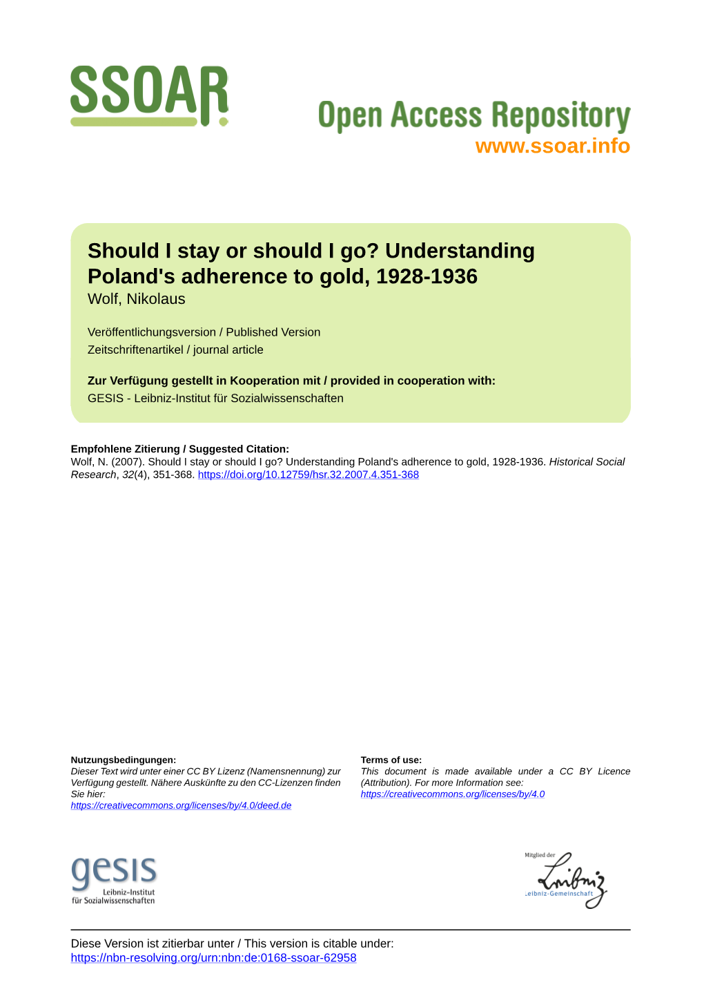 Understanding Poland's Adherence to Gold, 1928-1936 Wolf, Nikolaus