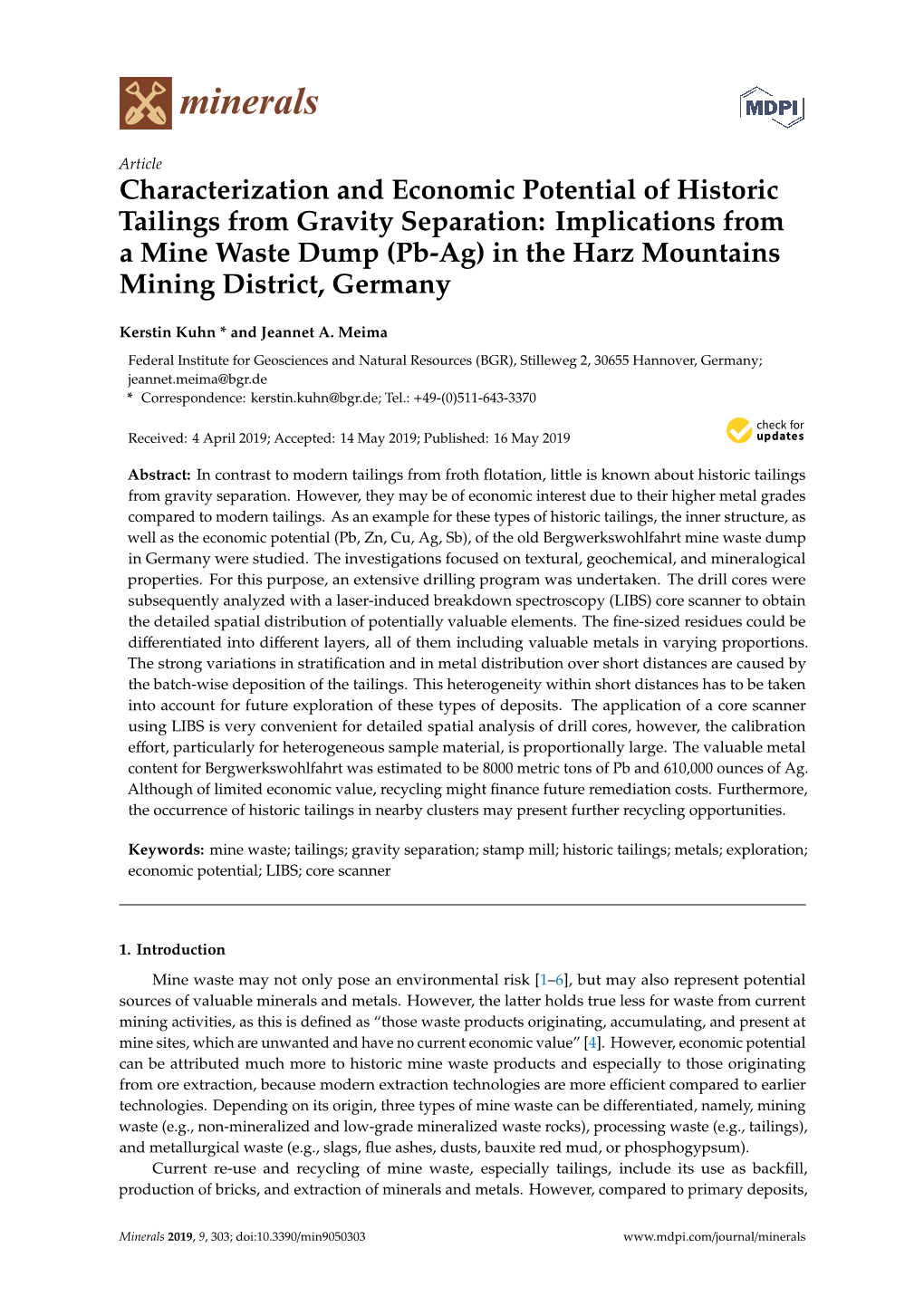 Characterization and Economic Potential of Historic Tailings From
