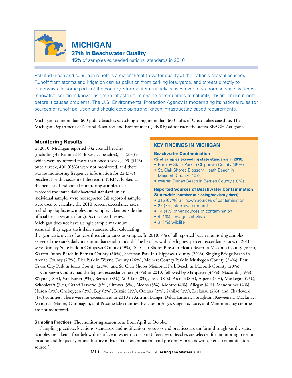 Michigan 27Th in Beachwater Quality 15% of Samples Exceeded National Standards in 2010