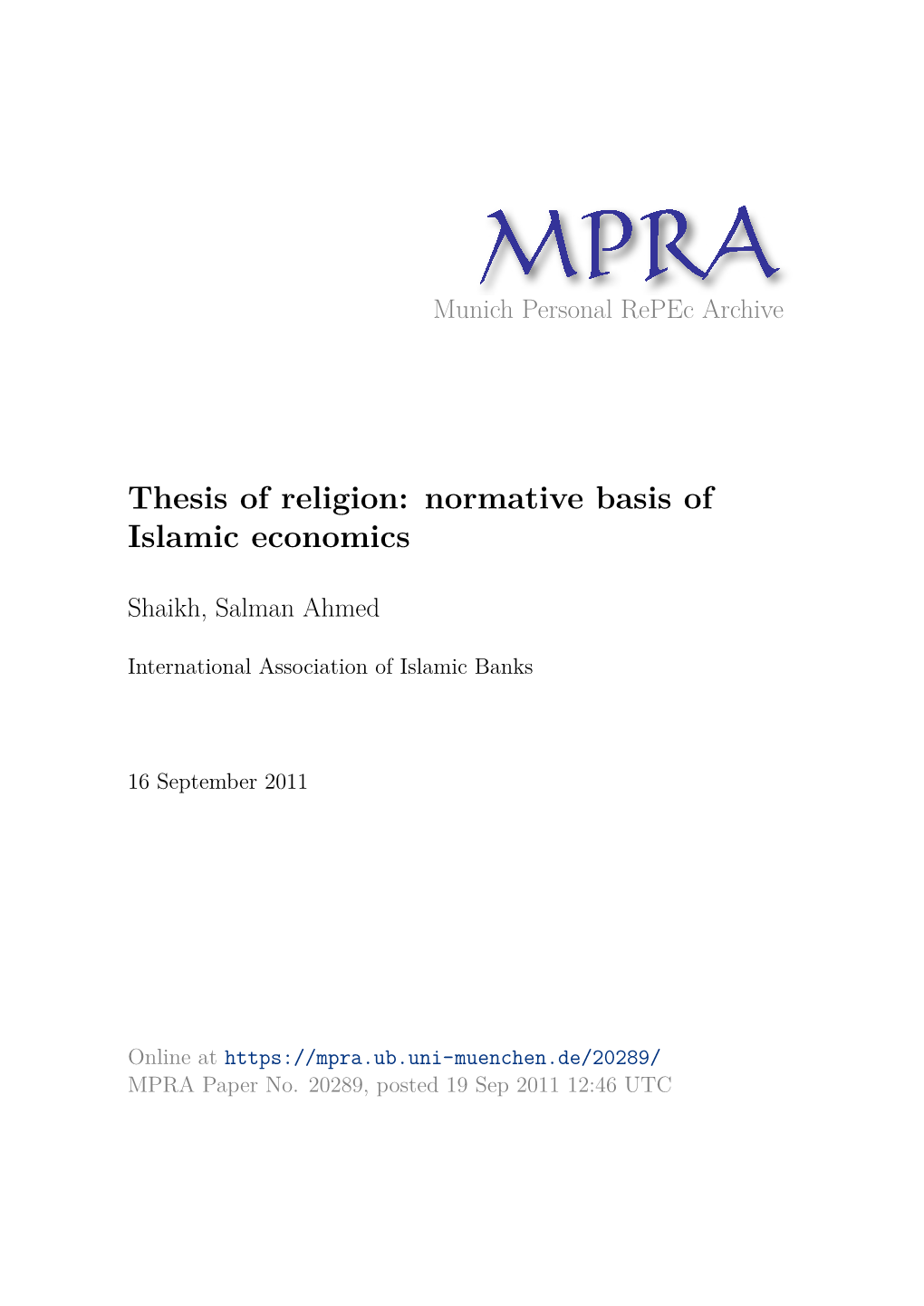 Thesis of Religion: Normative Basis of Islamic Economics