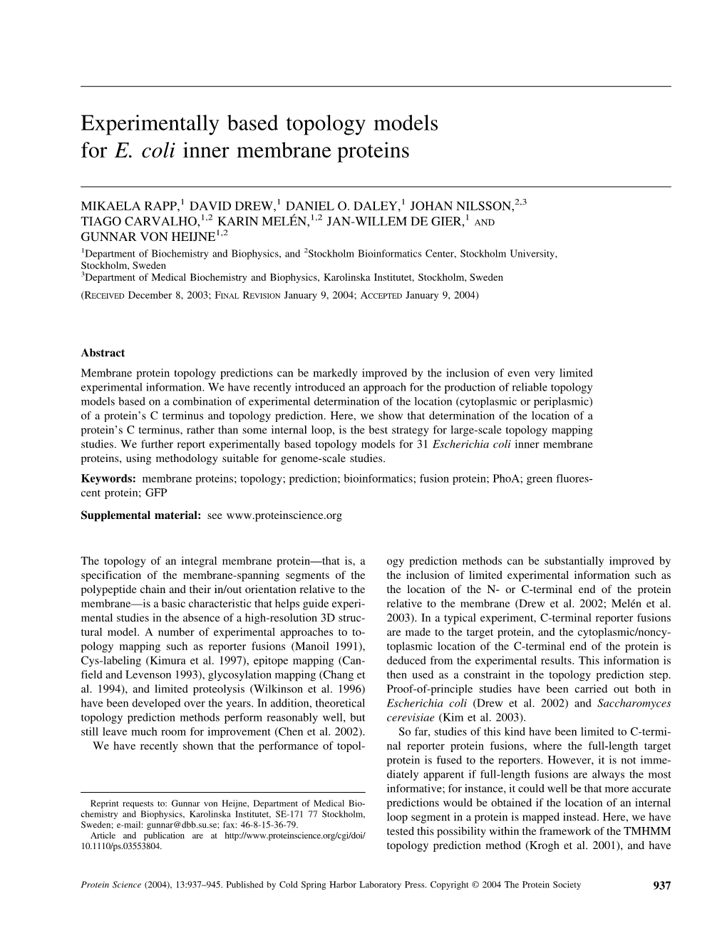 Experimentally Based Topology Models for E. Coli Inner Membrane Proteins